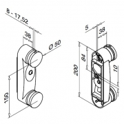 Wandbevestiging voor glas. Model 0766. Hoogte 200mm. Hoek instelbaar.